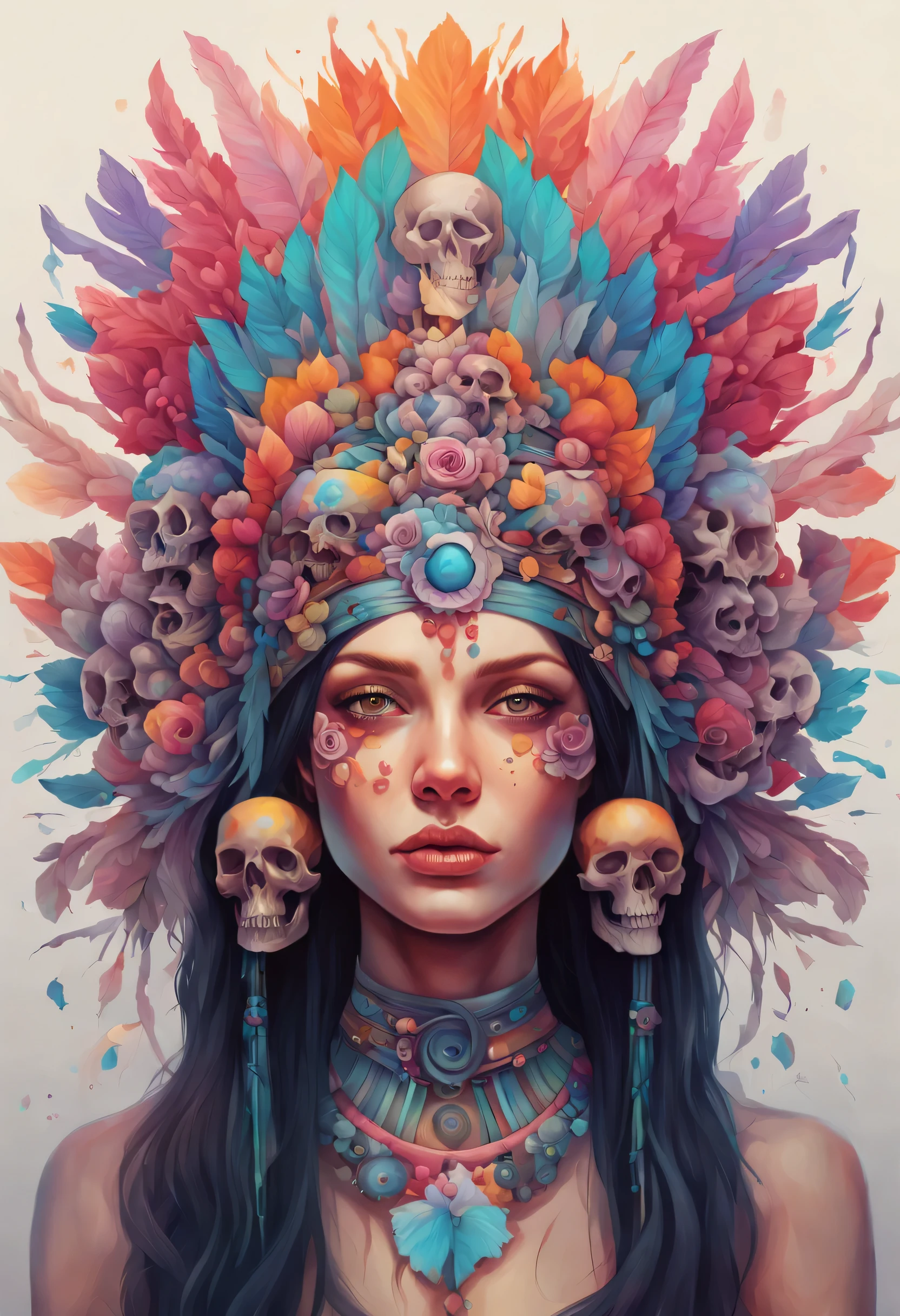 a painting of a woman with a colorful headdress and many skulls, Beeple und Jeremiah Ketner, Jen Bartel, Artgerm Julie Bell Beeple, hochkompliziert in Technicolor;, Painting by Android Jones, Hyper - Detaillierte, Visionary art, Greg Beeple, Detailbemalung 4 K, Detaillierte Kunst in Farbe, psychedelischer organischer Cyborg