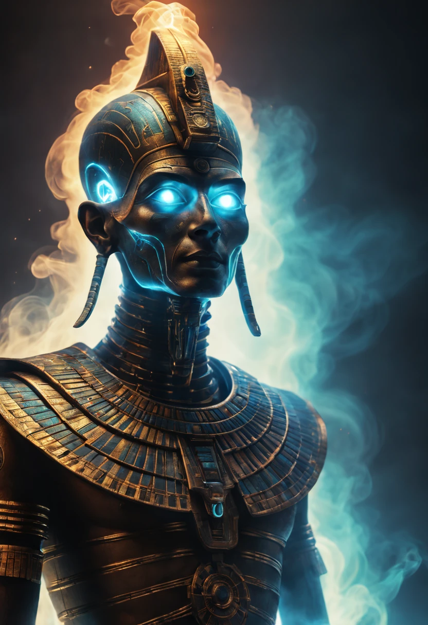 Egypt God, glowing light eyes, Biomechanical, eerie, Creepy, nightmarish, Very bright colors, Light particles, with light glowing, Mshiff, wallpaper art,full body details,Armer full body, smoke ,UHD wallpaper