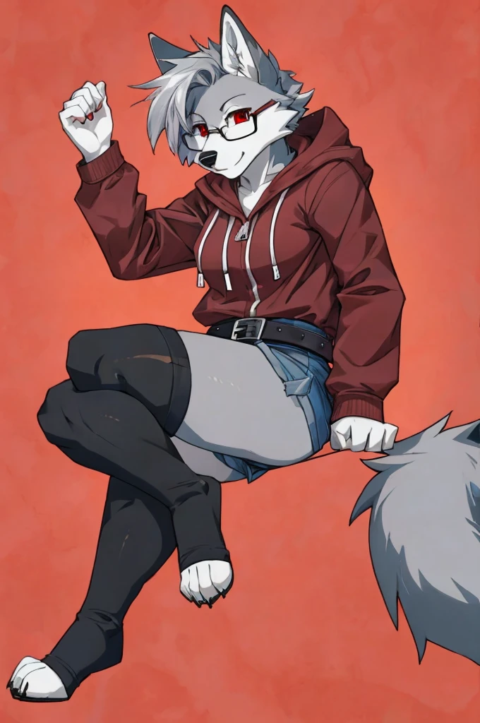 sexy female, silver hair, gray fur, wolf ears, wolf tail, red eyes, black zip up hoodie, pink shirt, gray denim short shorts, black belt , glasses, black toeless thigh high socks