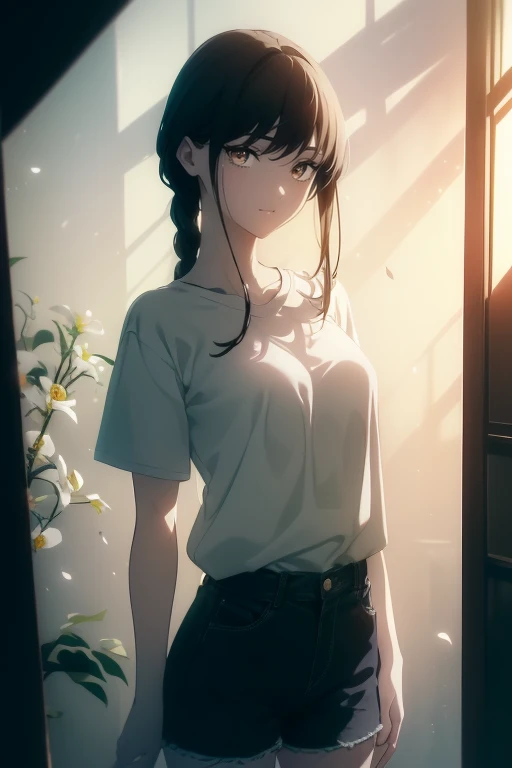 ((((masterpiece, best qualtiy, 超A high resolution)))), Beautiful Girl, Standing, ((Baggy white T-shirt, loose blue shorts, Black hair, dark Black hair)), Long haircut, pale skin, ((brown Eyes)), (blazing_Eyes, luminescent Eyes), (ultra detailed Eyes:0.7, beautiful and detailed face, detailed Eyes:0.9), ((Centered)), Smile, ((Wide Shot)), face to the viewer, (((bright background outside, Flowers, Bright lighting, Summer, Sunlight))), flat-chest, Looking at Viewer, ((Perfect hands)), ((Head:1, lower back, Elbows, missiles, In view)), ((hands behind back)), Beautiful lighting, defined subject, (25 years old), ((cool looking)),