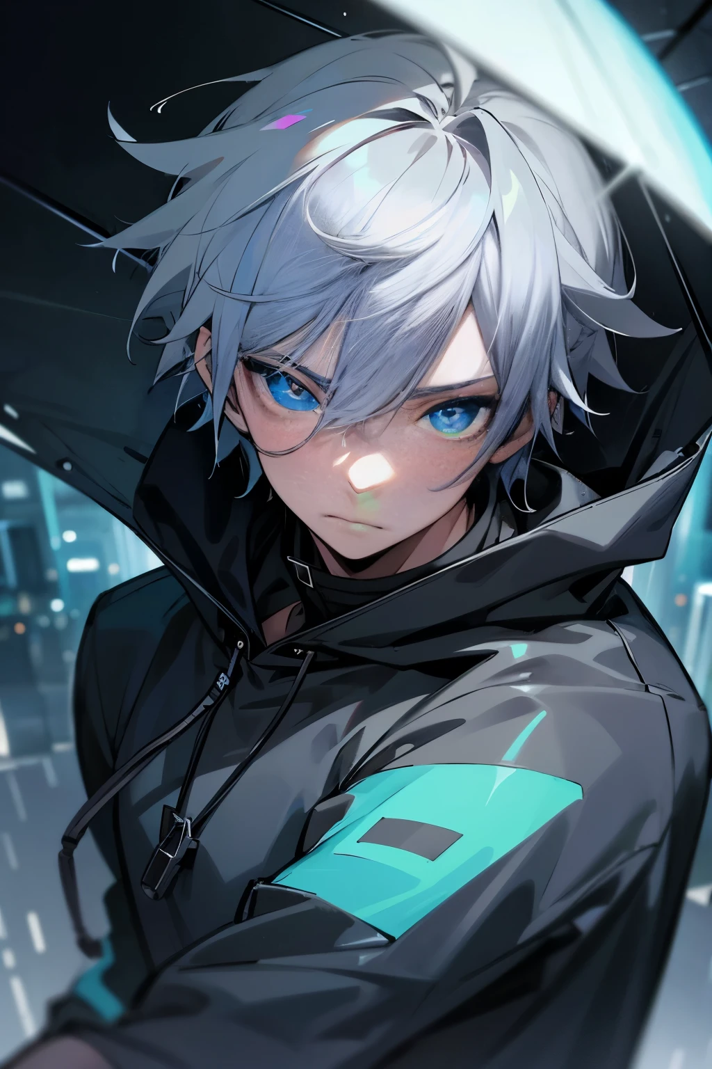 anime boy, gray hair, blue eyes, wearing expensive hoddie, close up, raining neon city background, masterpiece, best quality, fitting body, Dark theme, looking at viewer, detailed face, detailed eyes, detailed pupils, detailed body, face towards viewer