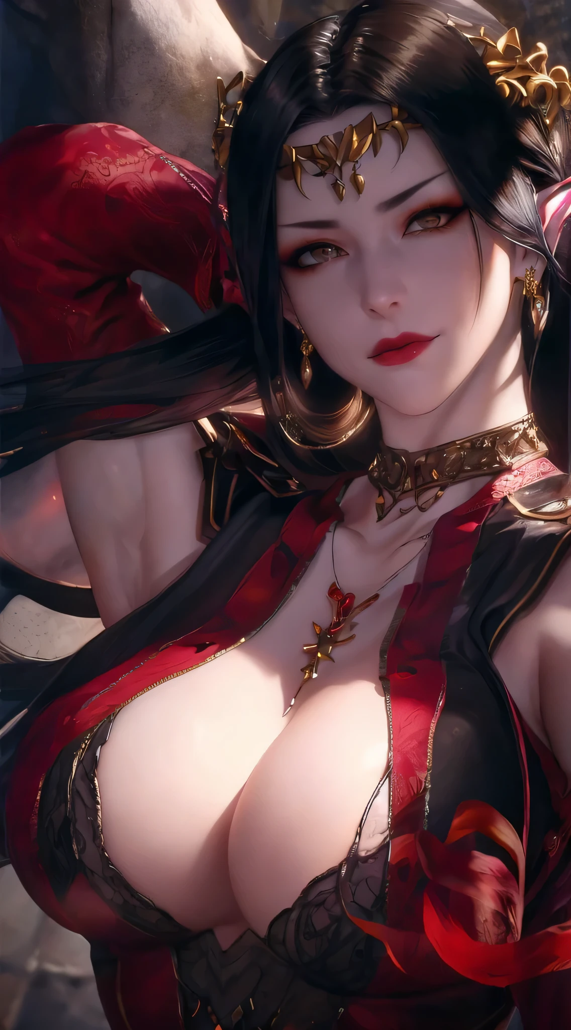 (((hair adornments,jewely,pointy ears,Long gray hair,Clothing cutting,ear nipple ring,Straight dress,红色shift dresserown hair,looking at viewert,navel,black color hair,blacksilk,blacksilk,ear nipple ring,jewely,鎖骨,(White-colored skin),(((MDS))),(((Wide hips)))S-shaped body:1.7))),((tmasterpiece)),A high resolution, ((Best quality at best)),tmasterpiece,quality,Best quality,((( exquisite facial features,looking at viewert,There is light in the eyes,Smilingly,self-assured ))),(((Light and shadow interlace,Huge big breasts))),(((1 Sister, dynamicposes, 1 girl, (complete figure:0.9), own,Human body silhouette, ((good body)),Girl posing for photo,24 years old female model,perfect foot、have perfect arms,Put your hands behind your hair))))