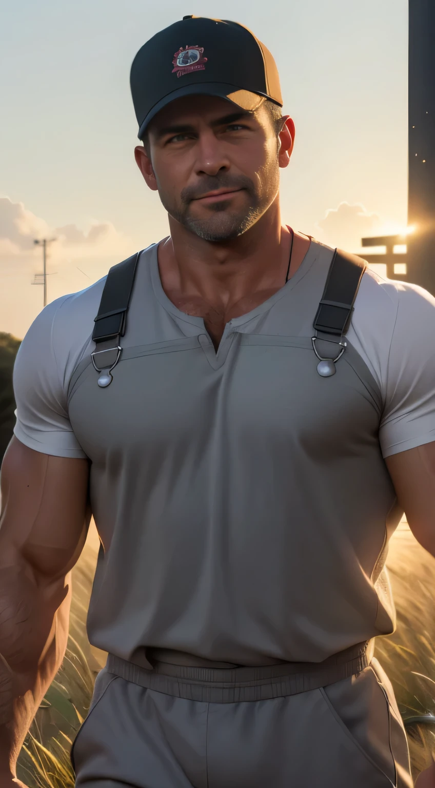 An award-winning original photo，A wild muscular man, (40 years old daddy:1.1), 1boy, Solo, (wearing red plaid overall), (grey T-shirt), (big shoulders), musculature, stubbles, Short beard, Beautiful eyes:1.3, ), (Detailed face:1.3), wearing glasses, (baseball cap), smiles, Dynamic Angle, volumetric lighting, (Best quality, A high resolution, Photorealistic), Cinematic lighting, Masterpiece, RAW photo, Intricate details, hdr, depth of field, paddyfield in the background, from below, golden sunshine