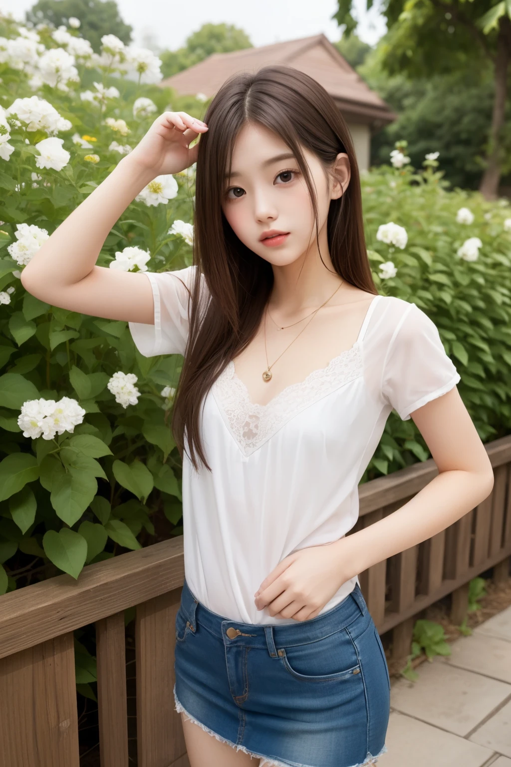 ulzzang-6500-v1.1, (Raw photo:1.2), (Photorealistic), (See-through:1.3), (masterpiece), (Genuine:1.4), Very detailed, Sharp focus, Girl sitting on a park bench with trees in the background, Beautiful face with arms and legs, Korean Girls, Wearing long, loose clothing, Ultra-realistic pantyhose、Young and pretty girl, Nice hips and long legs, Attractive pose, Full body photo, 全身Cute young woman, wear tight, simple clothes, Cute young woman, Wearing a white skirt, Cute and elegant pose