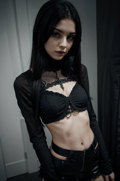 Full body photo of a Young goth girl, small perky breasts, no tattoos, piercings, long black hair with streaks of dye.