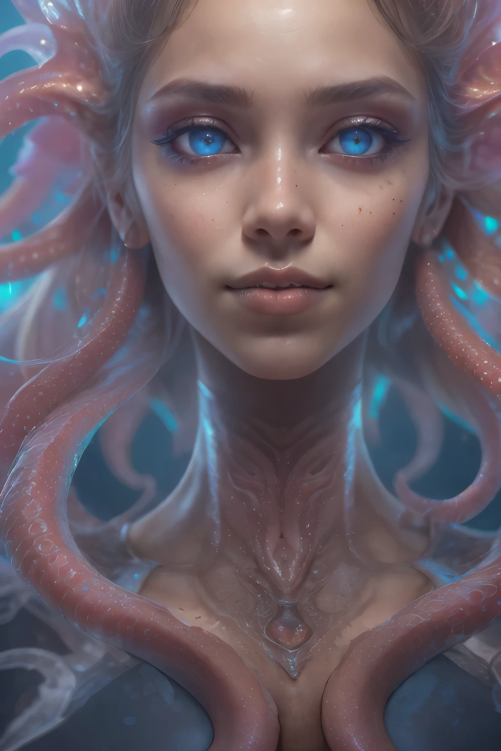 Portrait, (beautiful female alien:1.2), (There is a female genital-like organ in the middle of the forehead.:1.6), (The most beautiful face in the history of the universe:1.2), (she has black eyes with no pupils:1.8) (Translucent skin:1.7), an evil gaze that seduces, (large mouth:1.1), (sharp teeth like a vampire:1.2), Full body like, (bio luminescent:1.5), (Smile wickedly:1.3), (sexypose:1.5), alien, No humans, cells are fused, (Lots of translucent tentacles:1.1) extraterrestrial, cell, bio image, Best Quality, 8K,4K_quality, High Definition, Dramatic Lighting, masutepiece:1.5,cinematic quality, detail up, (Intricate details:1.2), High resolution, High Definition, drawing faithfully, (Thick eyebrows:1.2), Beautiful eyes with fine symmetry,(Highly detailed face and eyes:1.2), Intimate face, (Super detailed skin quality feeling:1.4), Perfect Anatomy, (Beautiful toned body:1.5), (Moist skin:1.2), No makeup, (dark circles:1.1), long canines, cinematic drawing of characters, ultra high quality model, cinematic quality, detail up, (Intricate details:1.2), High resolution, High Definition, drawing faithfully, Official art, Unity 8K wall , 8K Portrait, Best Quality, Very High resolution, ultra detailed artistic photography, midnight aura, unreal enginee 5, Ultra Sharp Focus, art by alberto seveso, ArtGerm, Roisch, intricate artwork, best quality, masutepiece, ultra High resolution, (photos realistic:1.4), Ultra-realistic realism, dream-like, nautilus, Creation of fantasy, Snail, Dream Snail, biopunk nautilus, Thrilling color schemes, Ultra-realistic realism, seductively smiling, Blue tentacles,