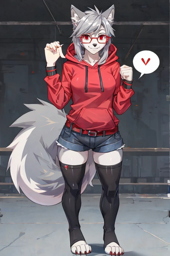 sexy female, silver hair, gray fur, wolf ears, wolf tail, red eyes, black zip up hoodie, pink shirt, gray denim short shorts, black belt , glasses, black toeless thigh high socks