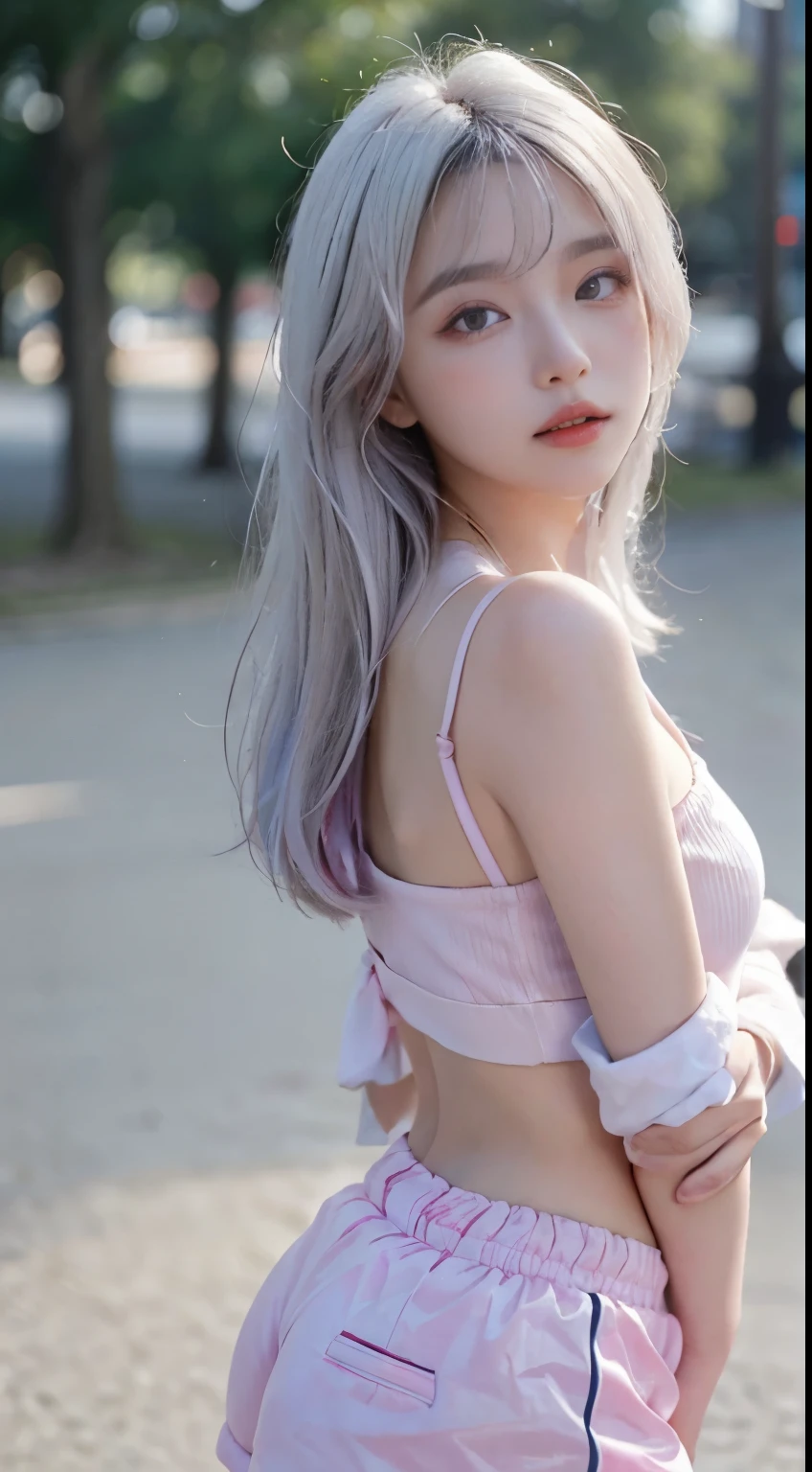 Top image quality、Raw photography、超A high resolution、21-year-old Korean、small tits、Dynamic angles、Cowboy Shots、The most beautiful forms chaos、elegent、Brutalist design、Vibrant colors、beautiful white hair、a short bob、smil、shiny white skin、Beautiful eyes with random colors、beautiful eyes finely detailed、elongated eyes、thin lipss、pale pink blush、long eyeslashes、beautiful double eyelid、eyeshadows、a park、parka、hotpants、shot from a side angle、sexy pose