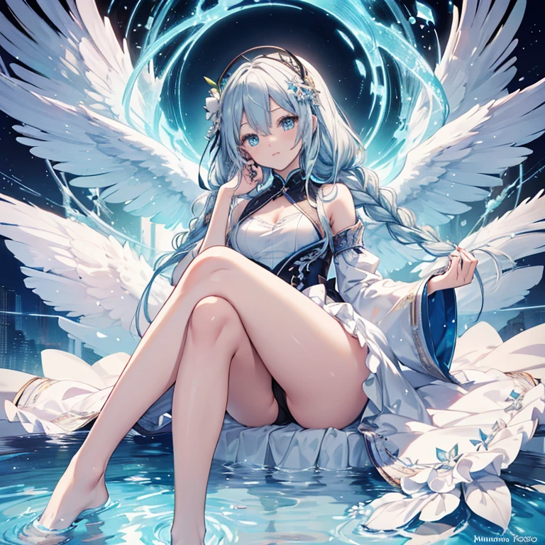 hatsuneMiku、(ultra Realistic), (An illustration), (Highres), (8K), (highlydetailed), (the best illustration), (Beautiful Detailed Eyes), (beste Quality), (Super Detailed), (Master peace), (Wallpapers), (Detailed Face), solo, 1girl, Aristocratic dresses、White hair, Iris heterochromatic eyes, small moles under eye, medium chest, Long legs,Stunning composition,Foot braids,Beautiful and detailed legs