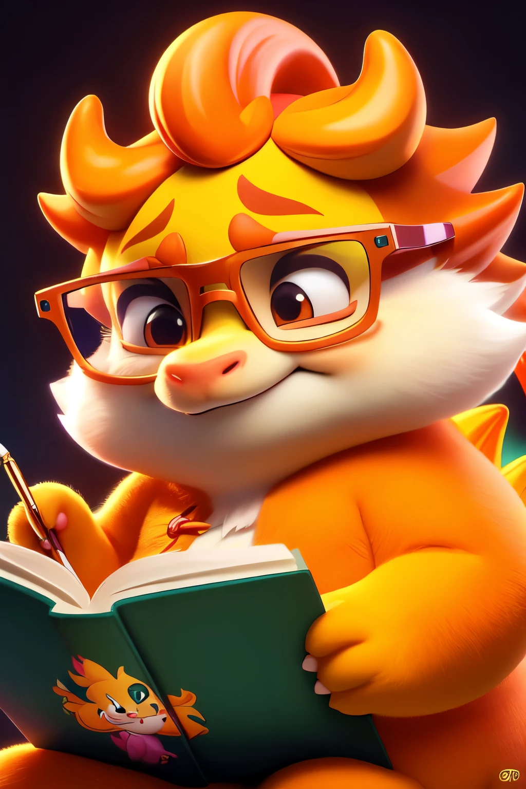 ((Best quality at best)),((tmasterpiece)),((detailed)),cute little dragon,lendo livros,shaggy,Light orange,Slightly fat,wears glasses,self-assured,Pen in his mouth