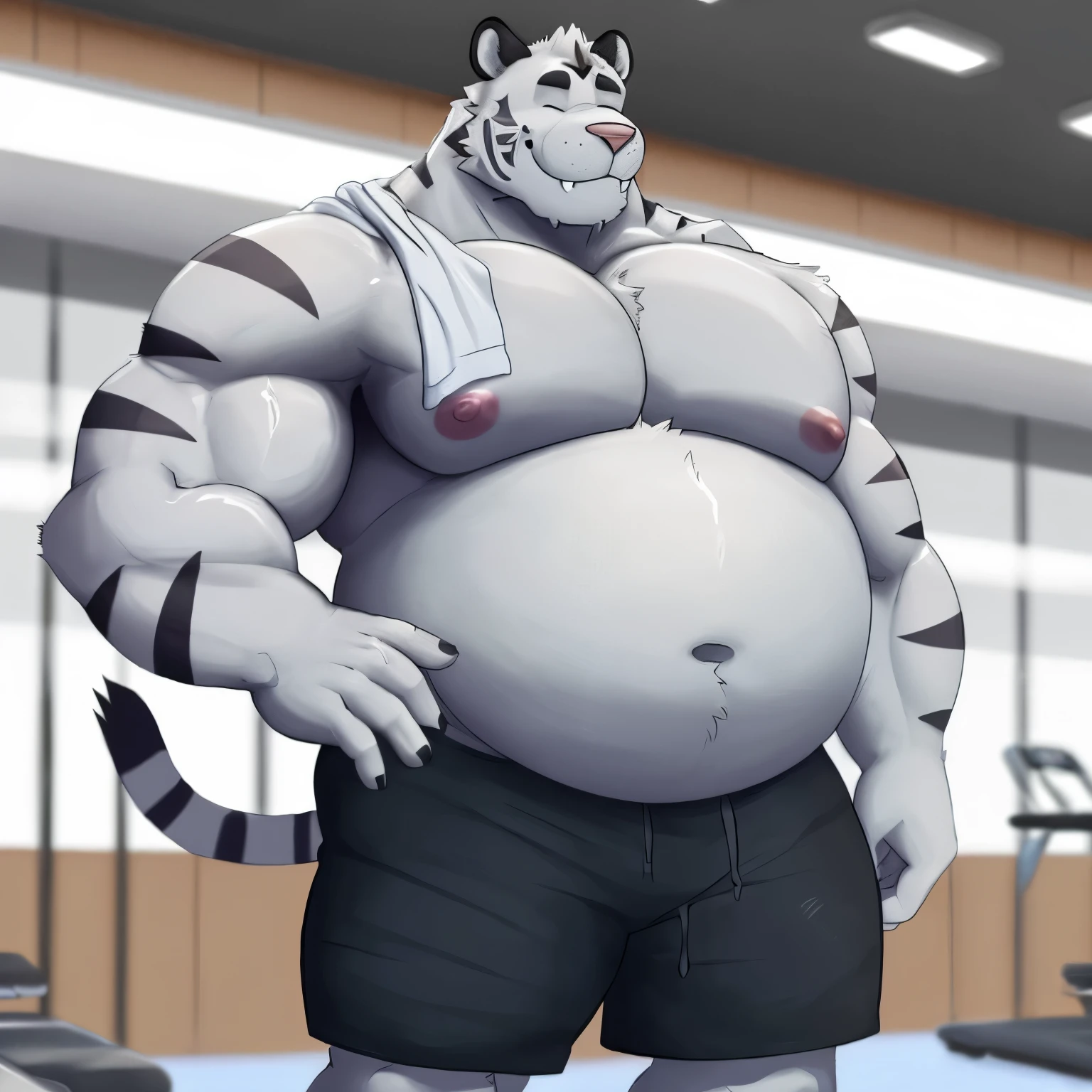 axel cosmas , solo, towel on shoulder,black shorts plump, huge, gym background, ???????, big fat belly, big ???, eyes shut, standing, 5 fingers, musclegut body, lineart, normal eyes, wet body, macro body, massive body, huge pecs, very wide