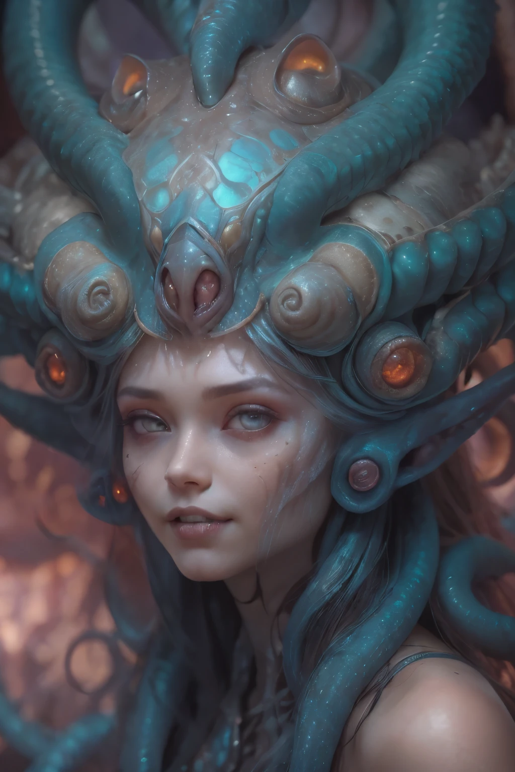 Portrait, (beautiful female alien:1.2), (There is a female genital-like organ in the middle of the forehead.:1.8), (The most beautiful face in the history of the universe:1.2), (she has black eyes with no pupils:1.8) (Translucent skin:1.8), an evil gaze that seduces, (red eyes:1.5), (large mouth:1.1), (sharp teeth like a vampire:1.6), Full body like, (bio luminescent:1.2), (Smile wickedly:1.3), (sexypose:1.5), alien, No humans, cells are fused, (Lots of translucent tentacles:1.1) (Translucent skin:1.3), extraterrestrial, cell, bio image, Best Quality, 8K,4K_quality, High Definition, Dramatic Lighting, masutepiece:1.5,cinematic quality, detail up, (Intricate details:1.2), High resolution, High Definition, drawing faithfully, (Thick eyebrows:1.2), Beautiful eyes with fine symmetry,(Highly detailed face and eyes:1.2), Intimate face, (Super detailed skin quality feeling:1.4), Perfect Anatomy, (Beautiful toned body:1.5), (Moist skin:1.2), No makeup, (dark circles:1.1), long canines, cinematic drawing of characters, ultra high quality model, cinematic quality, detail up, (Intricate details:1.2), High resolution, High Definition, drawing faithfully, Official art, Unity 8K wall , 8K Portrait, Best Quality, Very High resolution, ultra detailed artistic photography, midnight aura, unreal enginee 5, Ultra Sharp Focus, art by alberto seveso, ArtGerm, Roisch, intricate artwork, best quality, masutepiece, ultra High resolution, (photos realistic:1.4), Ultra-realistic realism, dream-like, nautilus, Creation of fantasy, Snail, Dream Snail, biopunk nautilus, Thrilling color schemes, Ultra-realistic realism, seductively smiling, Blue tentacles,