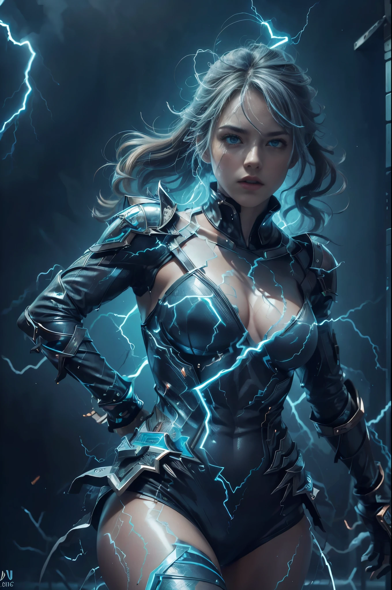 (best quality,4k,8k,highres,masterpiece:1.2),ultra-detailed,(realistic,photorealistic,photo-realistic:1.37),woman with thunder power,shirt and gauntlets,beautiful detailed eyes,beautiful detailed lips,lightning energy flowing from her body,glowing gauntlets with thunder symbols,sparks and electricity surrounding her,striking and dynamic pose,stormy background,storm clouds and lightning bolts,electric blue color scheme,dramatic lighting,stormy atmosphere,crackling electrical effects,empowered and confident expression,sharp focus on the main character,intense and powerful storm powers,energy crackling in the air,weather manipulation,electricity arcing between her fingers,charged and vibrant colors,forceful and controlled movements,storm elemental abilities,crackling thunder effects,striking visuals,strong and impactful presence,energy concentration and control,thunderstorm superhero,thunderous energy emanating from her,electrifying and captivating presence,energetic and dynamic composition,immense power linked to natural forces,visual representation of awe-inspiring weather power.