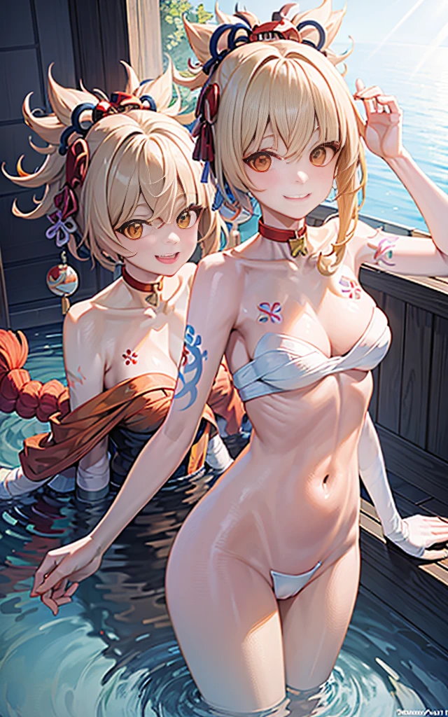 Two girls smiling in the water in the bathtub Female twinpose your navel, vibrant with colors,Natural lighting, best quality, breasts next to each other naked
