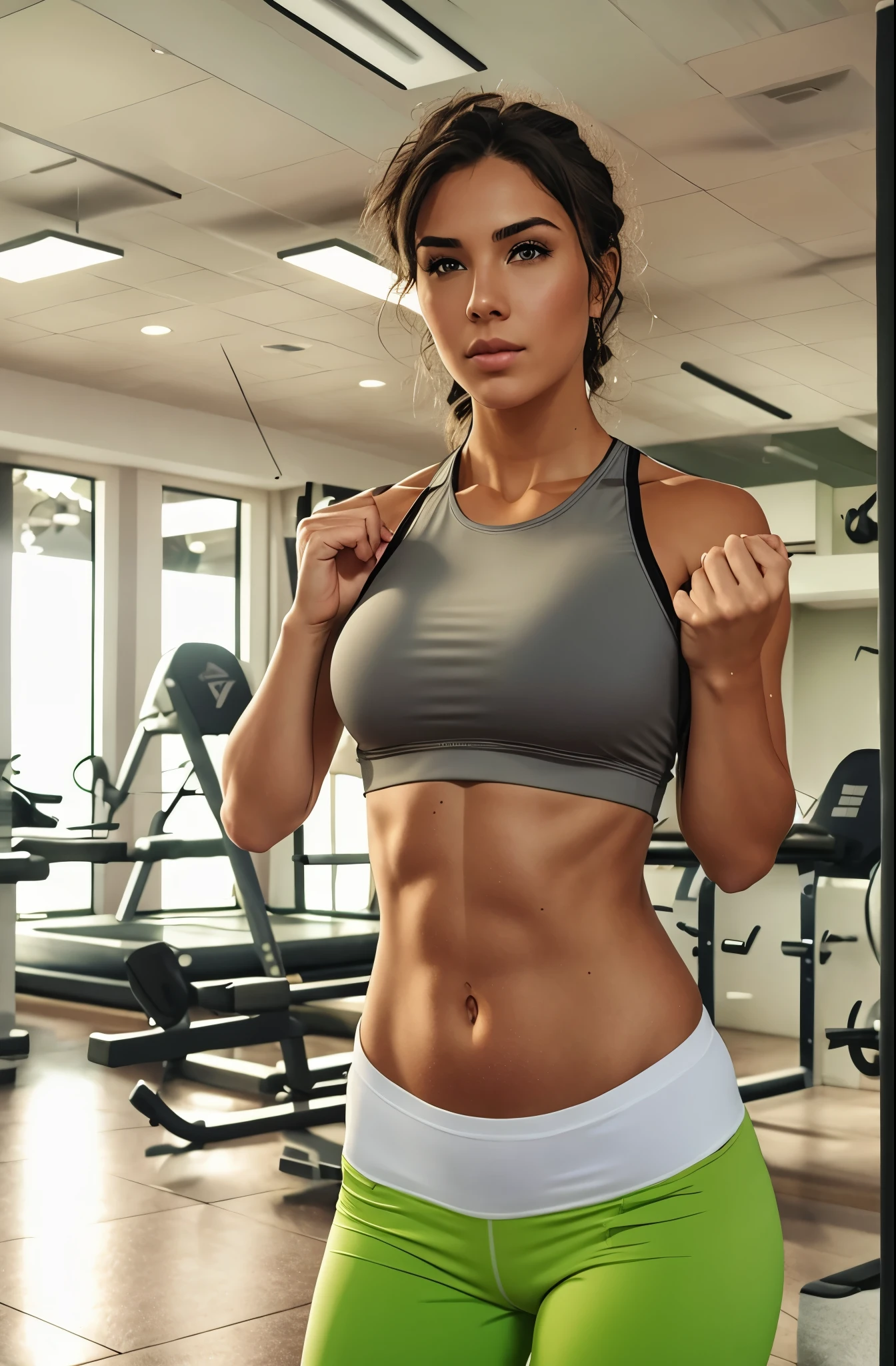 Arafed woman in a black sports bra top and gray shorts with lime green trim, menina em forma, mulher em forma, corpo em forma, corpo tonificado, malhar, modelo fitness, em uma academia, Fit physique, corpo atraente, foto fit, com abdominais, sport bra and shorts, sporty physique, abdominais suados, fit curvy physique, sport bra and shirt, attractive sporty physique, ao fundo aparelhos de pilate