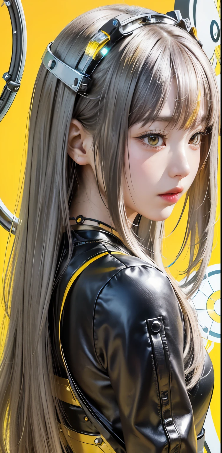 profile photo, in front of the yellow wall, Asian cyborg woman without body, connected by cable, Twisted cable and wire and LED, Charming eyes bodypunk PLC robot、silver motor head, with ray gun, 80 degree field of view, art by:sergio lopez, natalie shau, James Jean and Salvador Dali, (Yellow background:1.5)