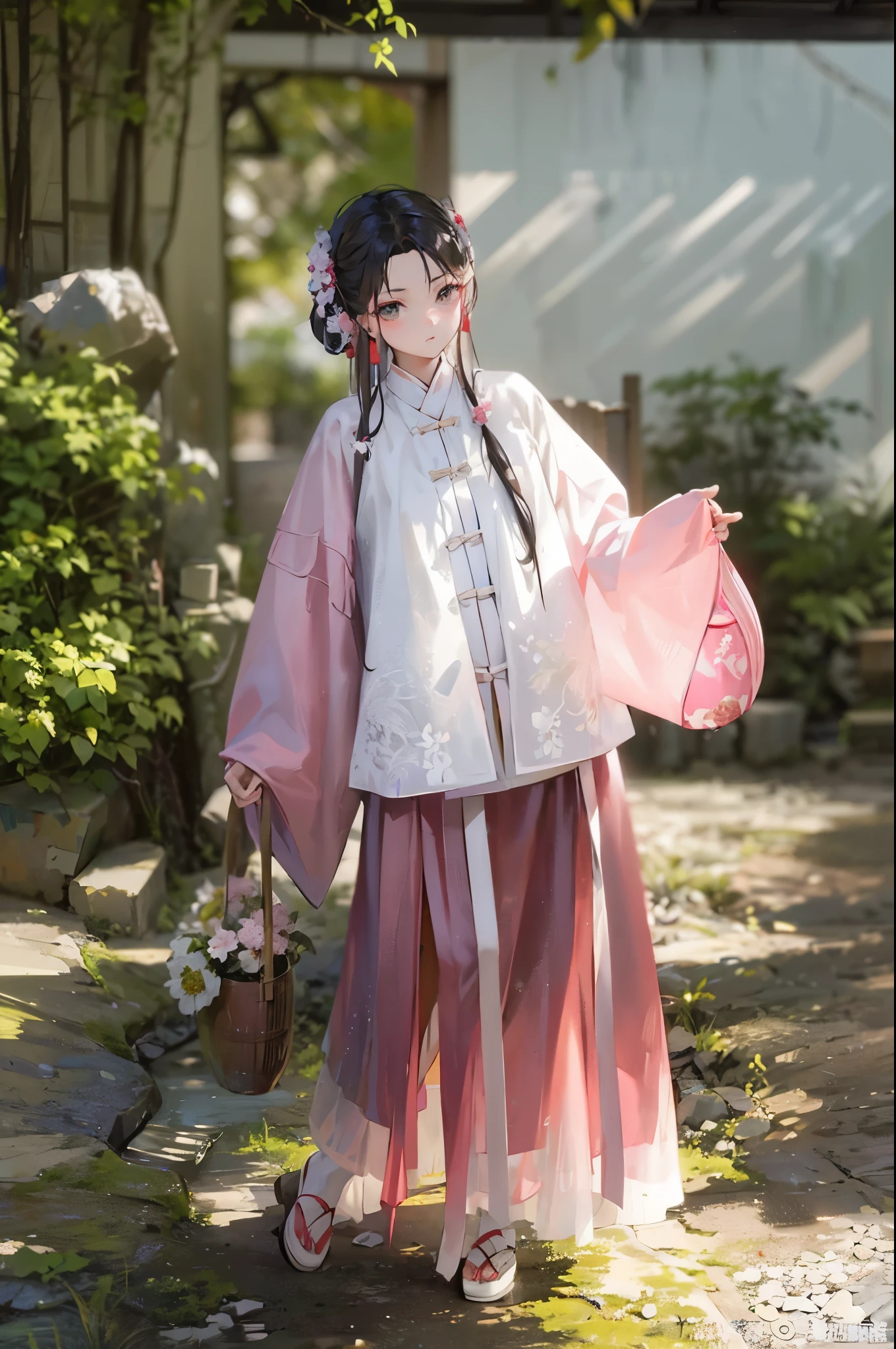 arafed asian woman in traditional dress holding a basket and a fan, hanfu, white hanfu, palace , a girl in hanfu, with acient chinese clothes, traditional chinese clothing, wearing ancient chinese clothes, chinese costume, flowing sakura-colored silk, flowing sakura silk, pale and coloured kimono, japanese clothes, dressed with long fluent clothes