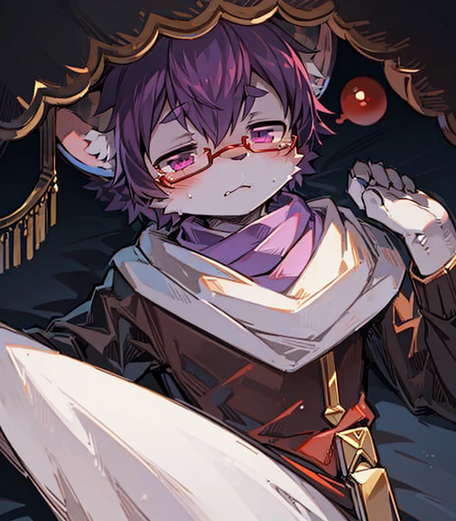 Best quality, Delicate painting style, Delicate hook lines, tmasterpiece, delicate skin, Delicate hair, complete painting, tmasterpiece, delicate hand, Elaborate Eyes, Normal eyes, blue lion ears, shaggy, black frame round glasses, a purple eye, Purple colored hair, Tigertail, Purple stripes, Handsome, ((White scarf)), Lion tiger beast, Cat style, Big cat、Red pupils、Mottled light and shadow, schoolboy、The eyes are bright、silently weeping sadness、There was blood all around、Lying in a sea of blood、Bright red blood covers the body、face covered with bloodstains