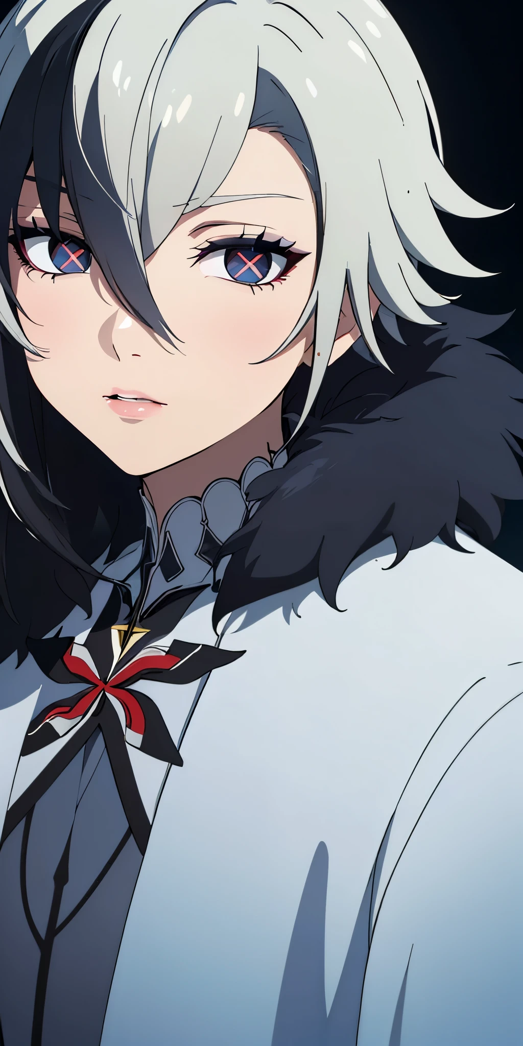 anatomically correct, best quality, masterpiece, high quality, high details, highres, HD, (shaded face:1.2), (masterpiece, best quality), arlecchino, hair between eyes, black hair, white hair, short hair, coat, fur trim, fur-trimmed coat, (x-shaped eyes, symbol shaped eyes, cross eyes), narrow waist, upper body, cinematic lightning, caustic, "(Studio ghibli style, Art by Hayao Miyazaki:1.2), Anime Style, Manga Style, Hand drawn, cinematic, Sharp focus, humorous illustration, big depth of field, Masterpiece, concept art, trending on artstation, Vivid colors, Simplified style, trending on ArtStation, trending on CGSociety, Intricate, Vibrant colors, Soft Shading, Simplistic Features, Sharp Angles, Playful"
