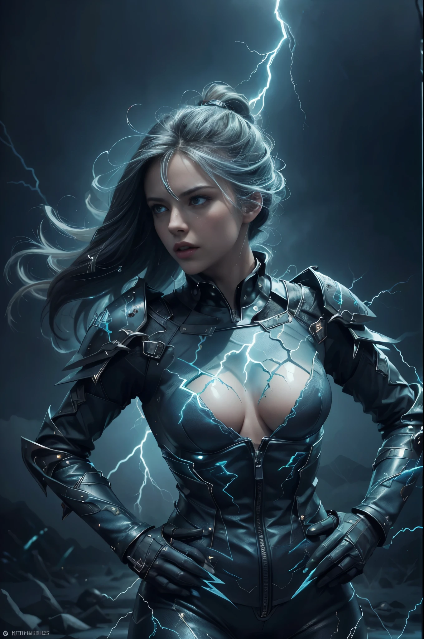 (best quality,4k,8k,highres,masterpiece:1.2),ultra-detailed,(realistic,photorealistic,photo-realistic:1.37),woman with thunder power,shirt and gauntlets,beautiful detailed eyes,beautiful detailed lips,lightning energy flowing from her body,glowing gauntlets with thunder symbols,sparks and electricity surrounding her,striking and dynamic pose,stormy background,storm clouds and lightning bolts,electric blue color scheme,dramatic lighting,stormy atmosphere,crackling electrical effects,empowered and confident expression,sharp focus on the main character,intense and powerful storm powers,energy crackling in the air,weather manipulation,electricity arcing between her fingers,charged and vibrant colors,forceful and controlled movements,storm elemental abilities,crackling thunder effects,striking visuals,strong and impactful presence,energy concentration and control,thunderstorm superhero,thunderous energy emanating from her,electrifying and captivating presence,energetic and dynamic composition,immense power linked to natural forces,visual representation of awe-inspiring weather power.