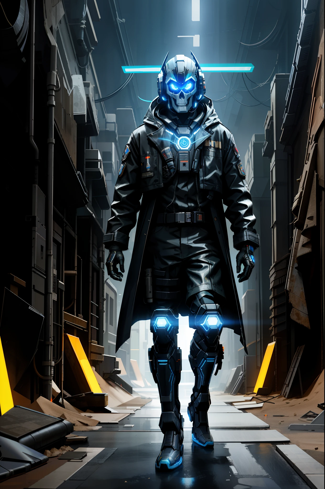 (masterpiece, full-body shot, intrincate raw photography)cyberpunk army in  oversize black jacket uniform, anime, rocketeer, skull mask evil style helmet, blue neon light details, intrincate, futuristic,sharp, accurate focus, random pose, cyberpunk city, street neon lights, insta pic, photo of the year, cinema4d, dramatic, lights and shadows, natron, substance, maya, octane render, holding glowing blue neon cyberpunk gun