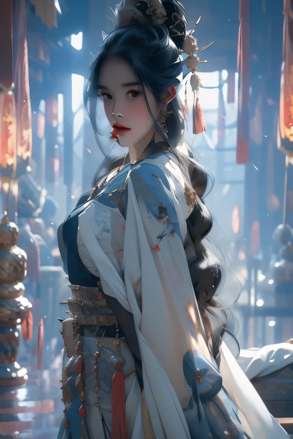 (Best quality at best,4K,8K,A high resolution,tmasterpiece:1.2),ultra - detailed,(actual,photoactual,photo-actual:1.37),painted background,美丽细致的眼睛,詳細な唇,Stunningly detailed facial features,gorgeous hairstyle,Beautiful posture,Traditional Chinese headdress,Nobile,The skirt has exquisite embroidery,Gorgeous silk robes,royal red color scheme,Luxurious fur cloak,Stunningly elegant figure,Delicate hand fan,There is a hint of fragrance in the air,royal palace setting,The lighting is dim.