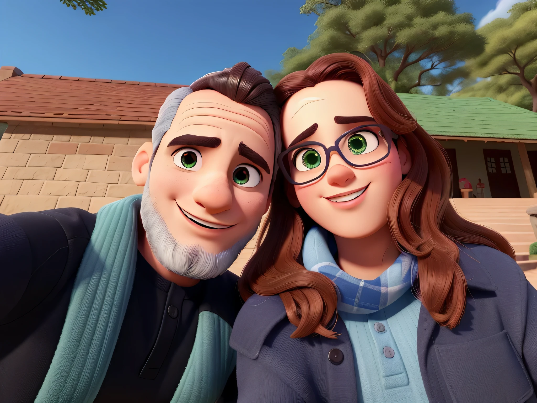 Um casal tirando uma selfie no parque. O homem tem um queixo mais fino e os olhos um pouco mais fechados e olhos castanhos escuro. A mulher tem olhos verdes claros. Desenvolva esta arte em Full HD, Focus on your cinematic touch, Estilo Disney Pixar Animations