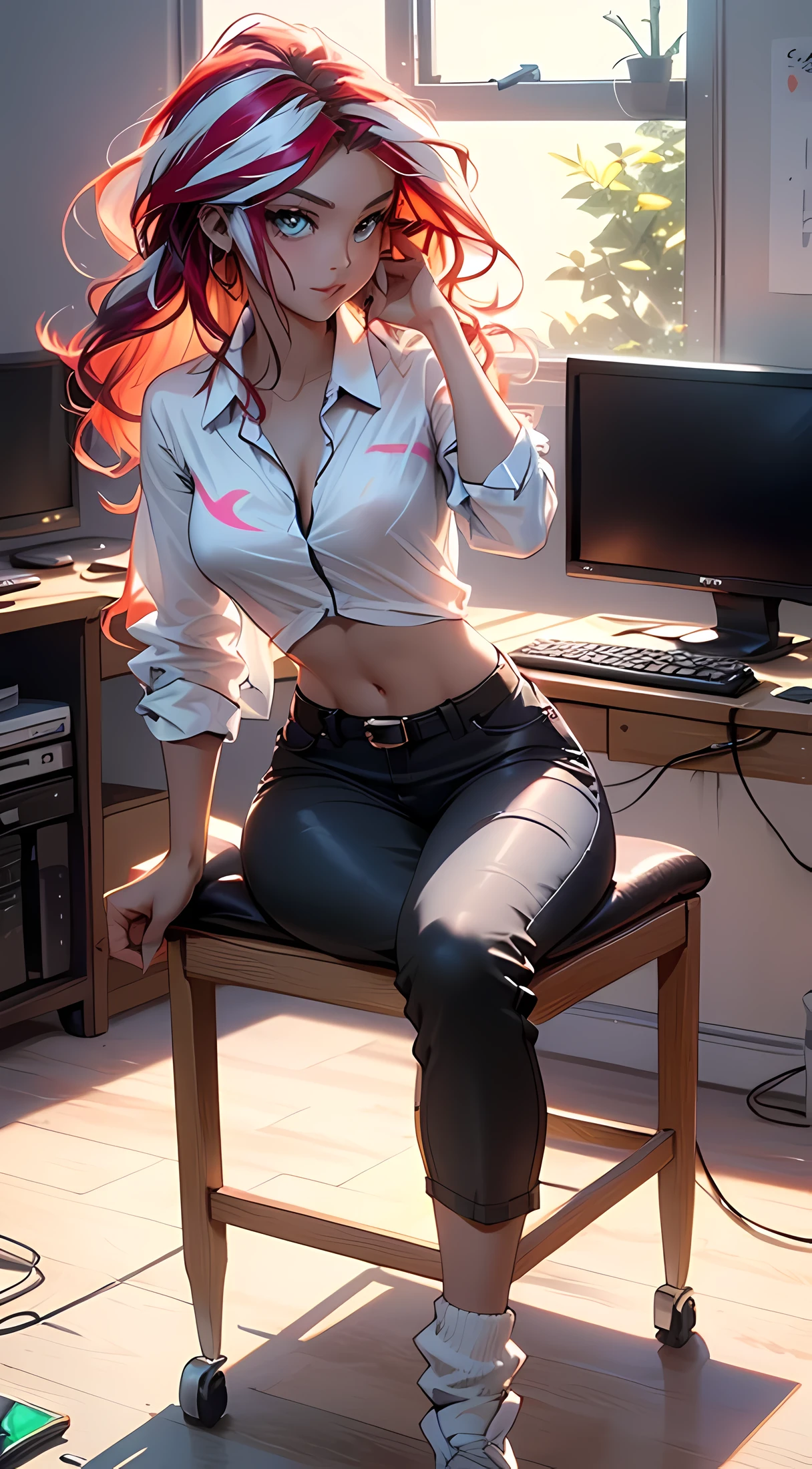 Hacker Girl,(((1girls))),((sweet and beautiful girl with red hair with two shades of white)), (big breasts:1,4),drooping breasts,( (((red hair with two shades of white )))),The beauty of extra long hair, Super langes glattes Haar, (((Neon_Regenbogen_Augen:1.3))),komplizierte Augen,beautifully detailed eyes,Symmetrisches Auge)),( ((shinny skin: 1.5,Strahlende Haut: 1.5,tan skin,shinny skin,very shinny skin,shiny body,Glitzerhaut aus Kunststoff,exaggerated shinny skin,Beleuchtete Haut,beautiful sexy legs))),(Spinnenbauch,schmale Taille,wide hips,athletic body , aufgeblasene Beine, detailed body, (detailliertes Gesicht)), niedlich, ((NSFW)), Perfect Body, schlanke Kurven. ,absurd,lange Beine, Detaillierte Beine,Spaltung,(((,wearing a sleep shirt, pants and white socks))), goddess-like, verlegen, (zentriert, skaliert, um den Abmessungen zu entsprechen, Drittel-Regel), artistic photography, (adaptiert von SLDR), high resolution, Scharfer Fokus, (Extrem detailliert, Extrem detailliert), (Fotorealistische Grafik: 1.37), (Extrem detailliert CG unit). 8k Hintergrundbild), ((Ich sitze an einem Tisch mit mehreren Monitoren und tippe auf einer Tastatur und sehe ertappt aus, Sitting on a gamer chair in front of a table in a room with a large window background theme)),(((Lebendige Farben))) ,(Komplizierter Hintergrund),(Meisterwerk),(best quality), fullbody view, (Full body image) , sweet smile, is fully clothed, Back view