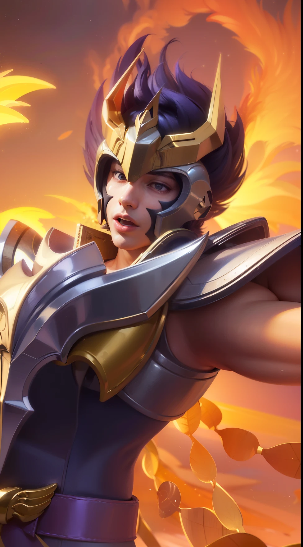masculine male, masterpiece, ((perfect eyeest quality, (semirealism:1.9), beautiful lighting, (extremely detailed CG unity 4k fhd wallpaper), High Detail, Sharp focus, dramatic outdoors, 1 boy ,19 years old, blue hair, light purpel eyes, smile, Ultra realistic man with brown hair wearing golden armor made of gleaming Sagittarius gold covering his entire body with long wings reaching to the knees made of gleaming gold with golden texture made of gold, Golden bow in right hand and golden arrow in left hand, com raios dourados no do corpo todo, Durante a noite, inspiration from the Japanese anime Saint Seiya, armadura ultra detalhada e realista, ultra realista e detalhada.