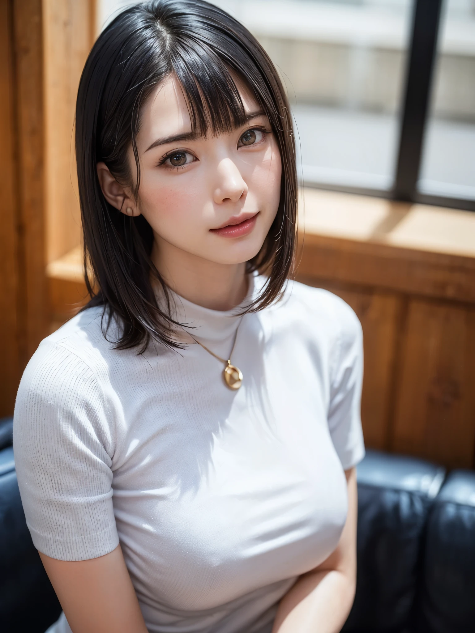 (masutepiece, top-quality、high-detail:1.4、Very attractive beauty、Add intense highlights to the eyes、Look firmly at the camera:1.4、A beautiful woman full of charm、Ideal ratio body proportions、Perfect Anatomy、Brunette Short Bob Hair、Lustrous hair、bangss:1.4、光沢のあるbangss:1.4、lipgloss),1girl in, report, Light brown shiny hair, muffler,realisitic, looking at the viewers、Tilt your head slightly, Bright colored crystal light blue eyes, short shiny hair、 White turtleneck outfit with a hole in the center of the chest,Sexy white turtleneck knit sweater with a round hole in the middle of the chest、 s lips, lipgloss, The upper part of the body、big eye、Lashes、A little red in the face、Embarrassing)、((italian road in winter))、((short hair with big eyes、Put very strong highlights in your students、{Gigantic|Big|Huge|Mega} breasts:1.6、very Bigger breasts、gazing at viewer、Very beautiful beauty、Put your ears out、long neck、smil、smil、Happy、Beautiful teeth、口を開いてsmil、Heart-shaped pupil))、28 year old、Very cute supermodel、