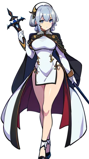 (((Best Quality))) , ((full body)), female, reference sheet, solo, (white background), holding staff, gloves, loin cloth , cloak, priest, chinese dress skirt, trench skirt,