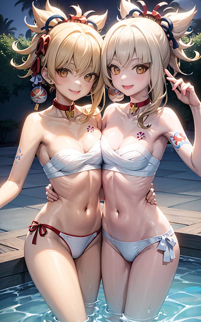 Two girls smiling in the water in the bathtub Female twinpose your navel, vibrant with colorest quality natural lighting, chest to chest holding each other