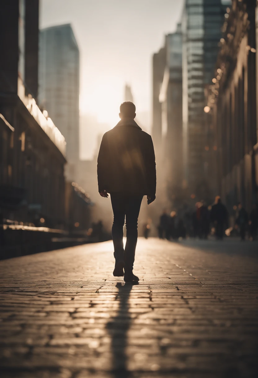 a lifestyle shot of a person walking through a bokeh cityscape background, with circle lights creating a halo effect around them, adding a sense of motion and storytelling to the design