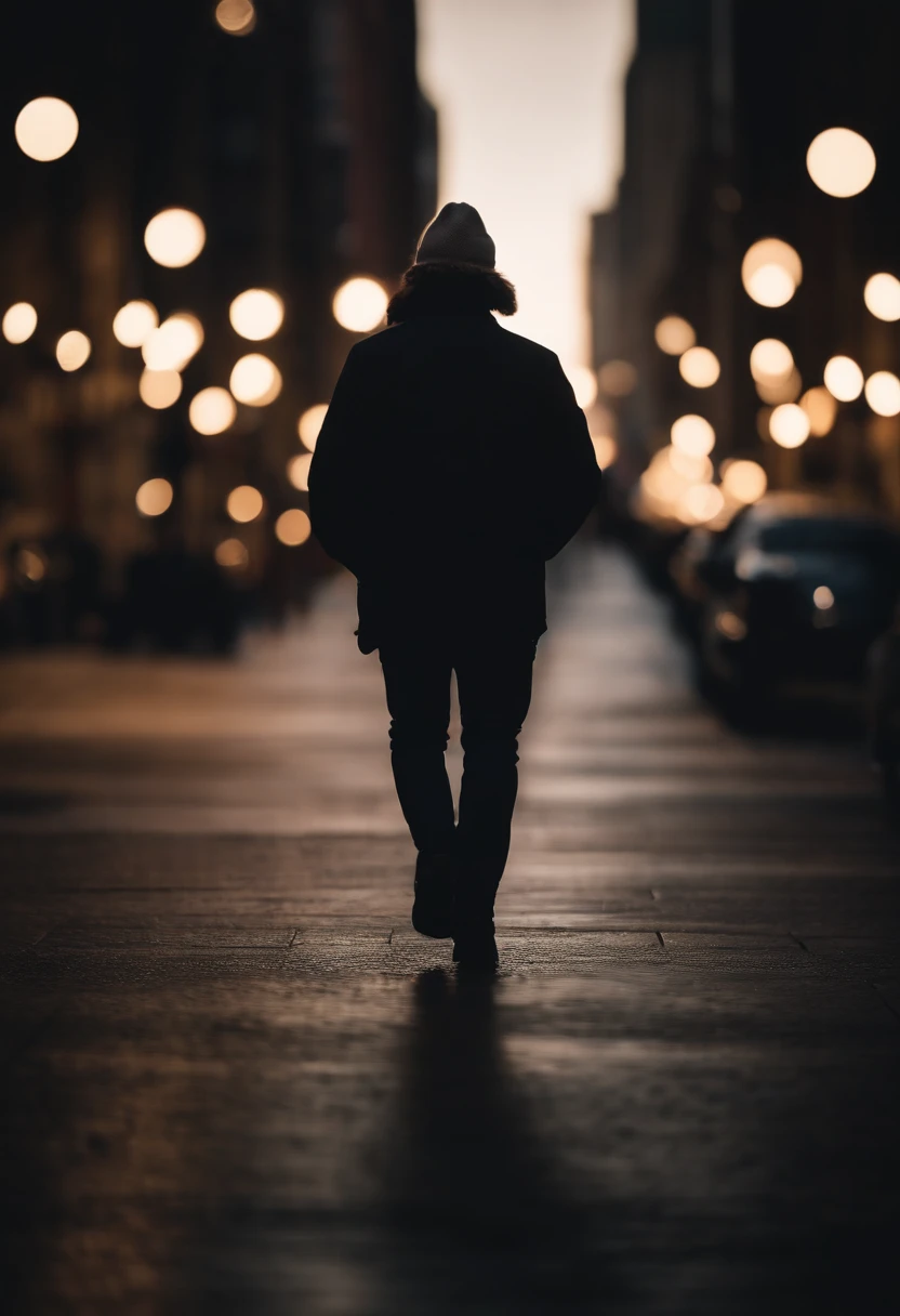 a lifestyle shot of a person walking through a bokeh cityscape background, with circle lights creating a halo effect around them, adding a sense of motion and storytelling to the design