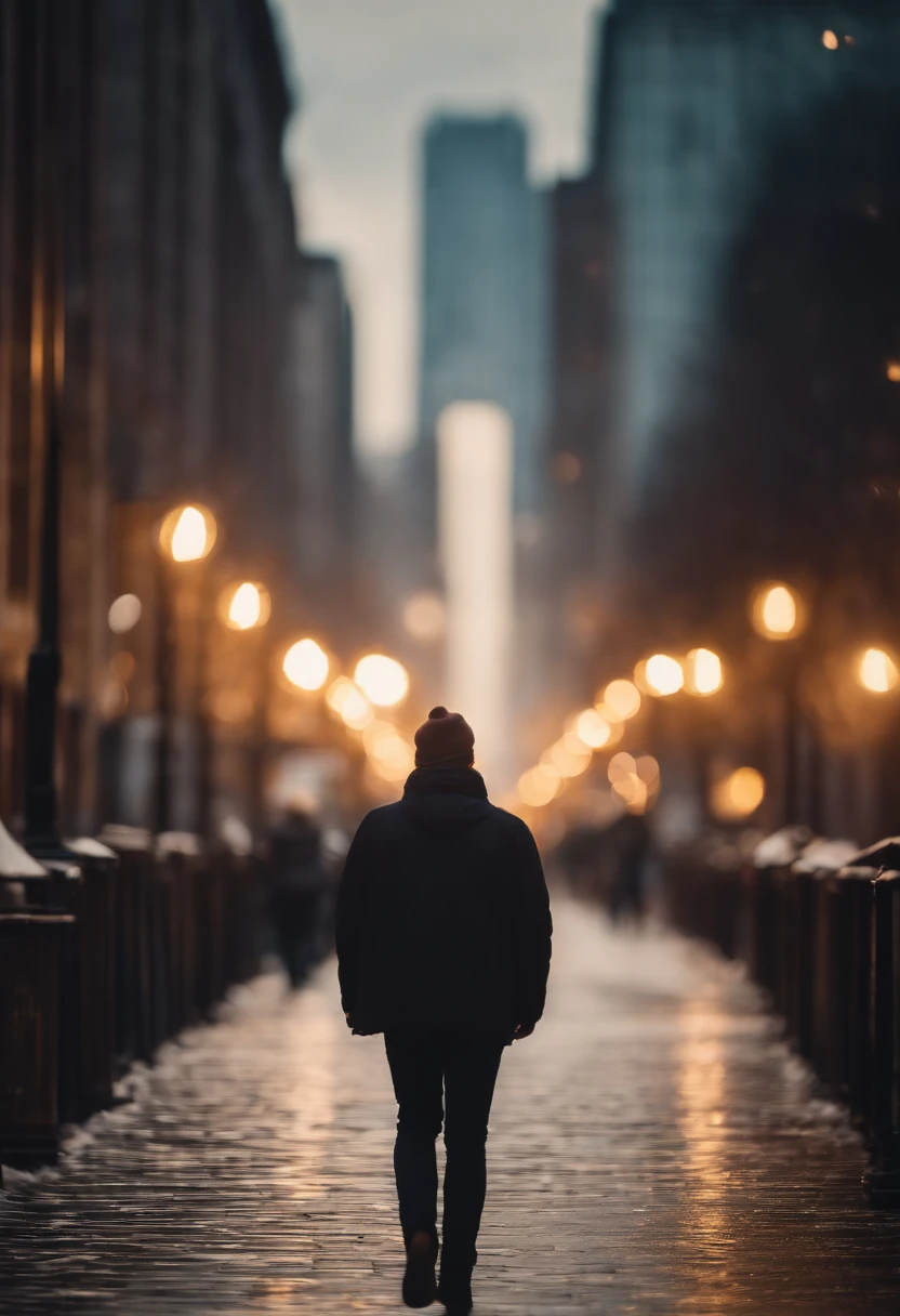 a lifestyle shot of a person walking through a bokeh cityscape background, with circle lights creating a halo effect around them, adding a sense of motion and storytelling to the design