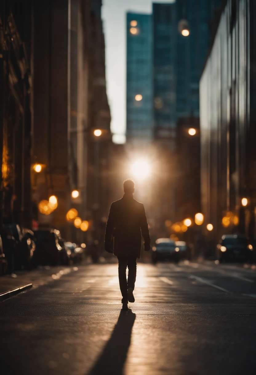 a lifestyle shot of a person walking through a bokeh cityscape background, with circle lights creating a halo effect around them, adding a sense of motion and storytelling to the design