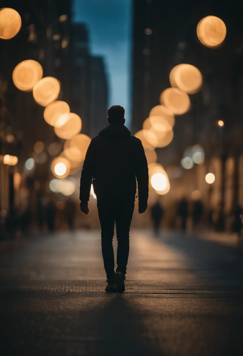 a lifestyle shot of a person walking through a bokeh cityscape background, with circle lights creating a halo effect around them, adding a sense of motion and storytelling to the design