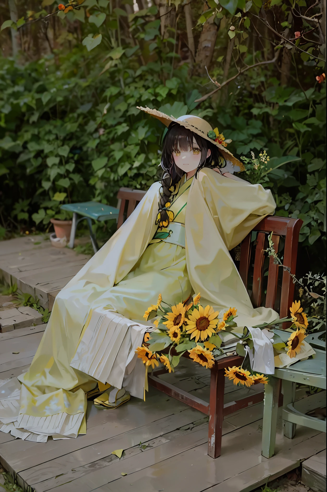 there is a woman sitting on a bench with sunflowers, with yellow cloths, wearing wheat yellow gauze, hanfu, dressed with long fluent clothes, green and yellow tones, palace , a girl in hanfu, with yellow flowers around it, with straw hat, white hanfu, yellow and green, yellow clothes, yellow and greens, with acient chinese clothes