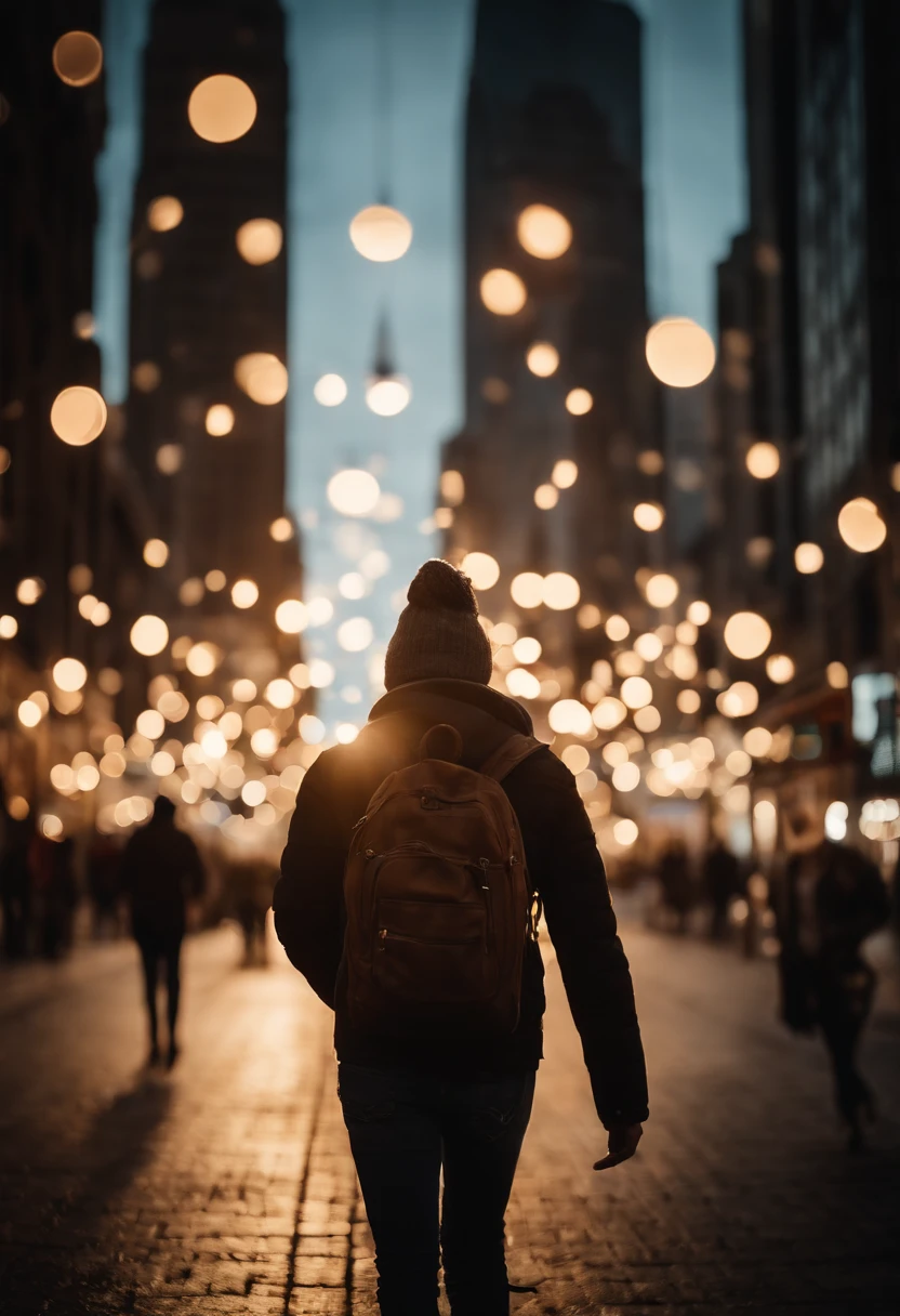 a lifestyle shot of a person walking through a bokeh cityscape background, with circle lights creating a halo effect around them, adding a sense of motion and storytelling to the design