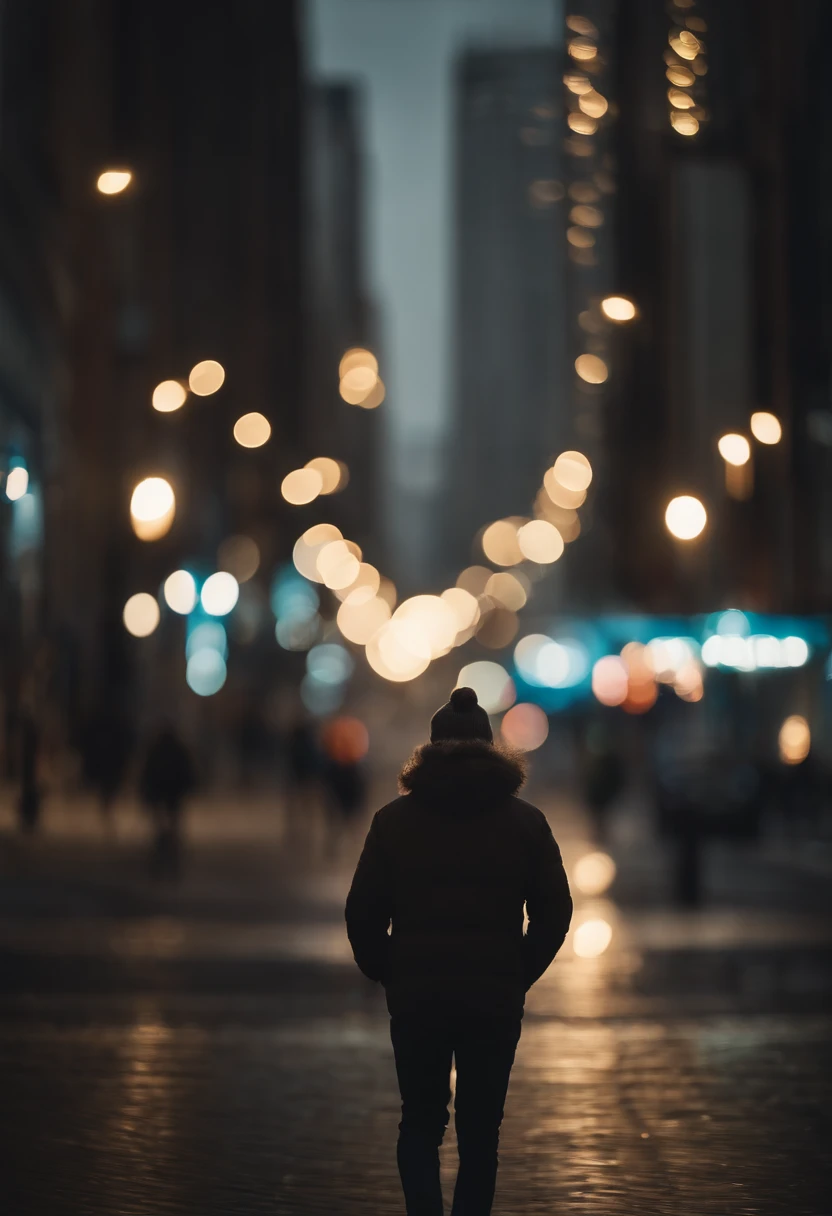 a lifestyle shot of a person walking through a bokeh cityscape background, with circle lights creating a halo effect around them, adding a sense of motion and storytelling to the design