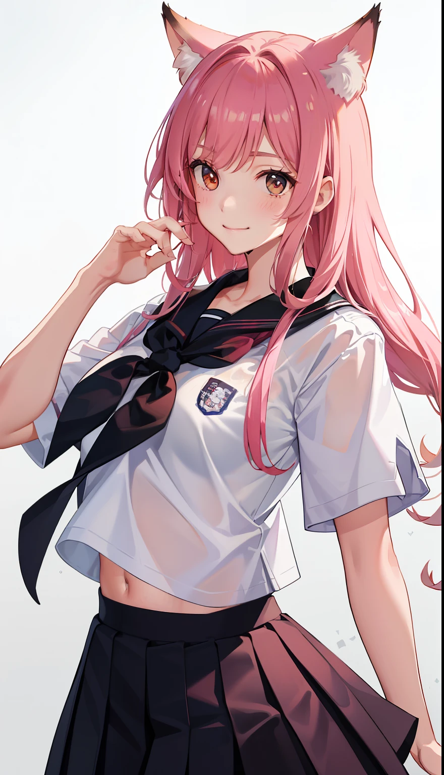 1girl in、A smile、The shirt、skirt by the、(small tits)Chilarism、Japan High School Student Uniform、serafuku、summer clothing、Squall Drenched Uniform、Sheer Bra、Fox earlonde hair、(Upper body portrait)、