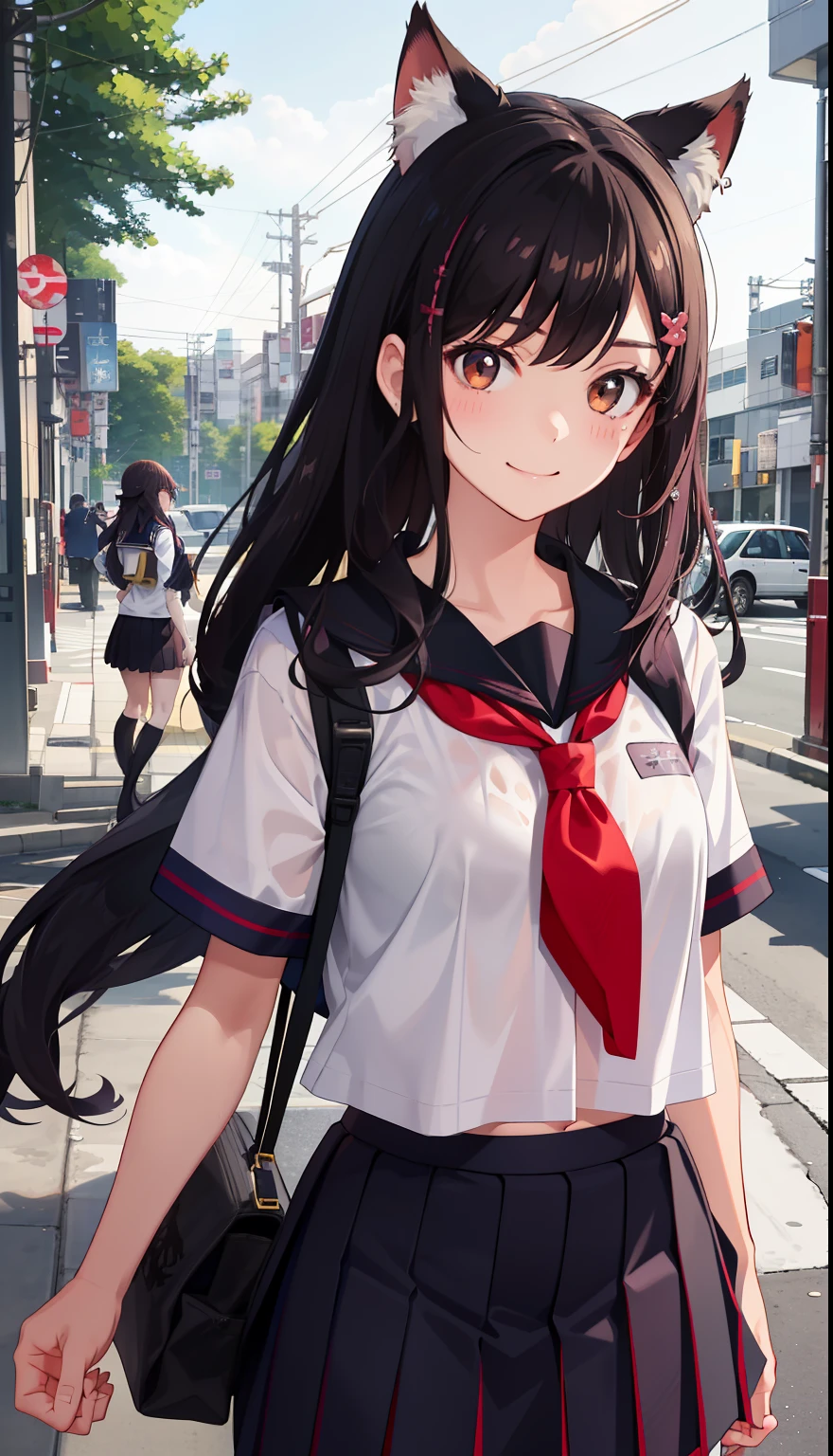 1girl in、A smile、The shirt、skirt by the、（small tits）Chilarism、Japan High School Student Uniform、serafuku、summer clothing、Squall Drenched Uniform、Sheer Bra、Fox earlonde hair、（Upper body portrait）、