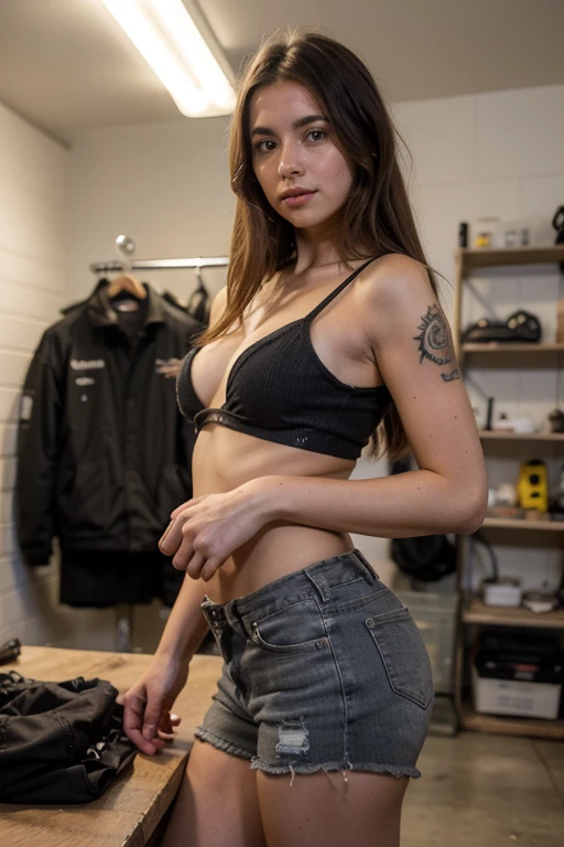 Mujer rubia , 25-years old , mechanic shop , toples, short jean, llave francesa en mano izquierda , mano derecha en cintura notas de cuero negro cuerpo atractivo ,arito en ombligo , tatuaje feniz muslo izquierdo, lentes