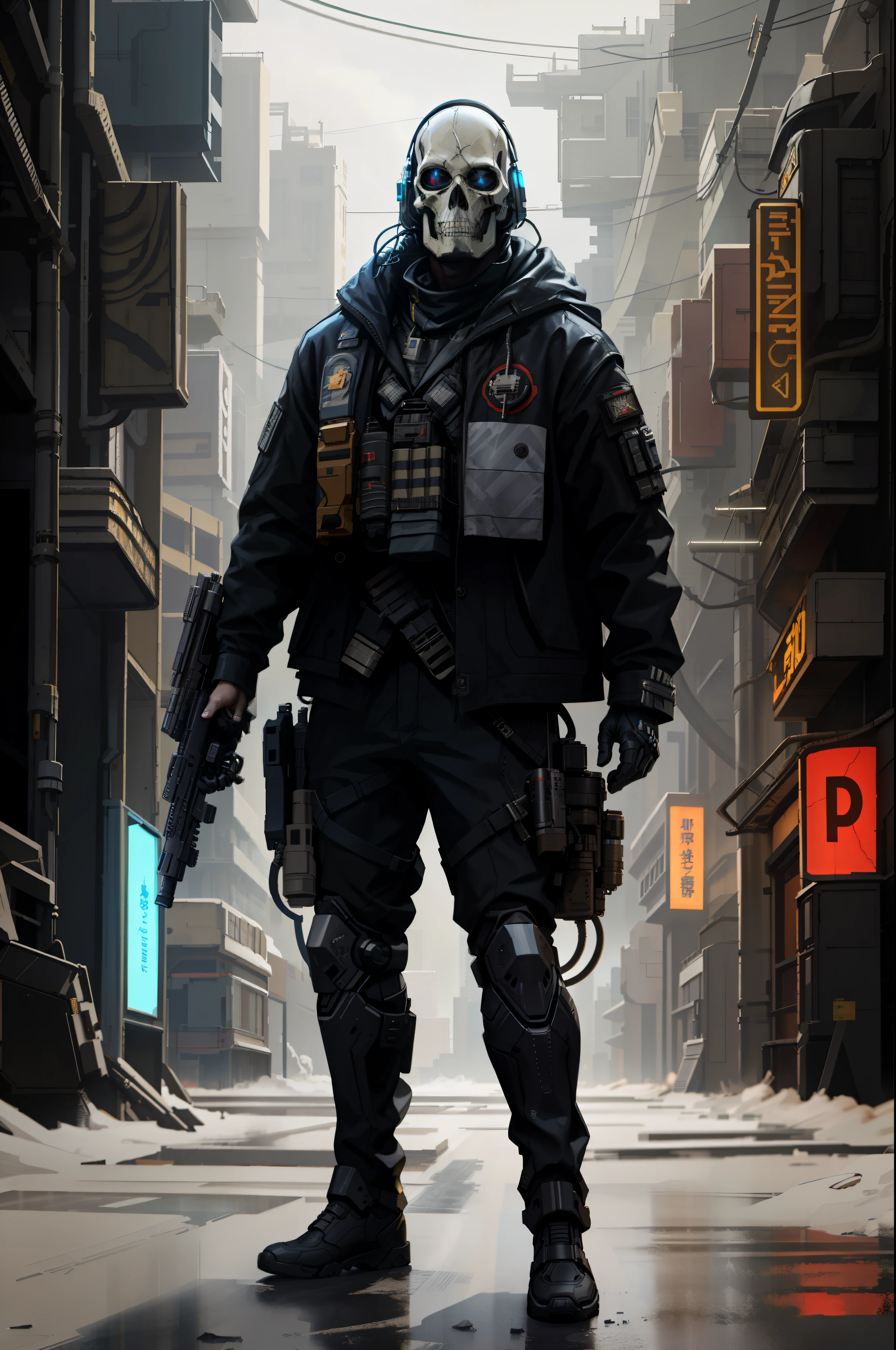 (masterpiece, full-body shot, intrincate raw photography)cyberpunk army in  oversize black jacket uniform, anime, rocketeer, skull mask evil style helmet, blue neon light details, intrincate, futuristic,sharp, accurate focus, random pose, cyberpunk city, street neon lights, insta pic, photo of the year, cinema4d, dramatic, lights and shadows, natron, substance, maya, octane render, holding cyberpunk gun