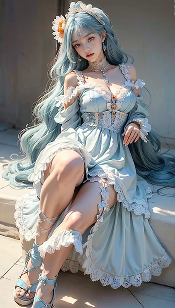 meticulous portrayal of face，1 noblewoman，(Lace orange Lolita maxi dress)，(Long flowing light blue hair)，Exquisite jewelry all over the body，Collar，Anklets，head chain，Lace-trimmed socks，(Lolita shoes)， s the perfect face， perfect hand， Perfect Finger， Perfect lips， perfect  eyetremely normal body， Perfect background