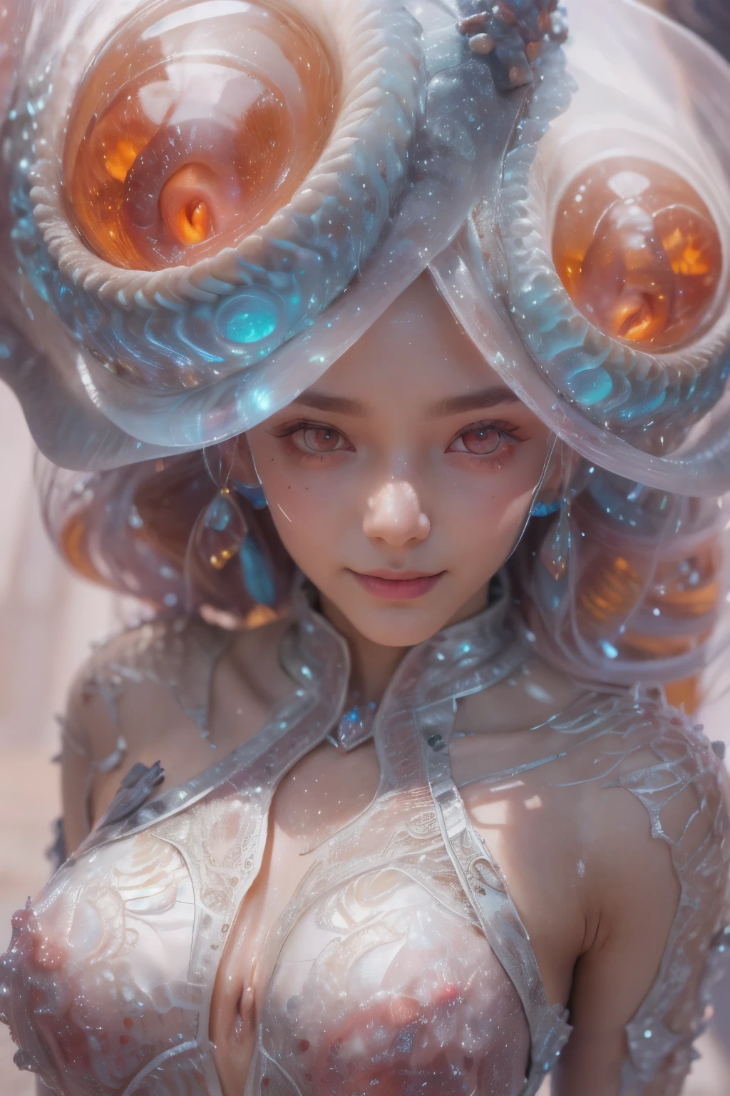 Portrait, (beautiful female alien:1.2), (There is a female genital-like organ in the middle of the forehead:1.8), (The most beautiful face in the history of the universe:1.2), (scarlet eyes:1.6), (Translucent skin:1.8), an evil gaze that seduces, (red eyes:1.5), (large mouth:1.1), sharp teeth like a shark, Full body like, (bio luminescent:1.2), (Smile wickedly:1.3), (sexypose:1.5), alien, No humans, cells are fused, (Lots of translucent tentacles:1.1) (Translucent skin:1.3), extraterrestrial, cell, bio image, Best Quality, 8K,4K_quality, High Definition, Dramatic Lighting, masutepiece:1.5,cinematic quality, detail up, (Intricate details:1.2), High resolution, High Definition, drawing faithfully, (Thick eyebrows:1.2), Beautiful eyes with fine symmetry, (Ultra detailed eyes:1.2),(Highly detailed face and eyes:1.2), (High-resolution red-eye:1.4), Intimate face, (Super detailed skin quality feeling:1.4), Perfect Anatomy, (Beautiful toned body:1.5), (Moist skin:1.2), No makeup, (dark circles:1.1), long canines, cinematic drawing of characters, ultra high quality model, cinematic quality, detail up, (Intricate details:1.2), High resolution, High Definition, drawing faithfully, Official art, Unity 8K wall , 8K Portrait, Best Quality, Very High resolution, ultra detailed artistic photography, midnight aura, unreal enginee 5, Ultra Sharp Focus, art by alberto seveso, ArtGerm, Roisch, intricate artwork, best quality, masutepiece, ultra High resolution, (photos realistic:1.4), Ultra-realistic realism, dream-like, nautilus, Creation of fantasy, Snail, Dream Snail, biopunk nautilus, Thrilling color schemes, Ultra-realistic realism, seductively smiling, Blue tentacles, she has shark's eyes