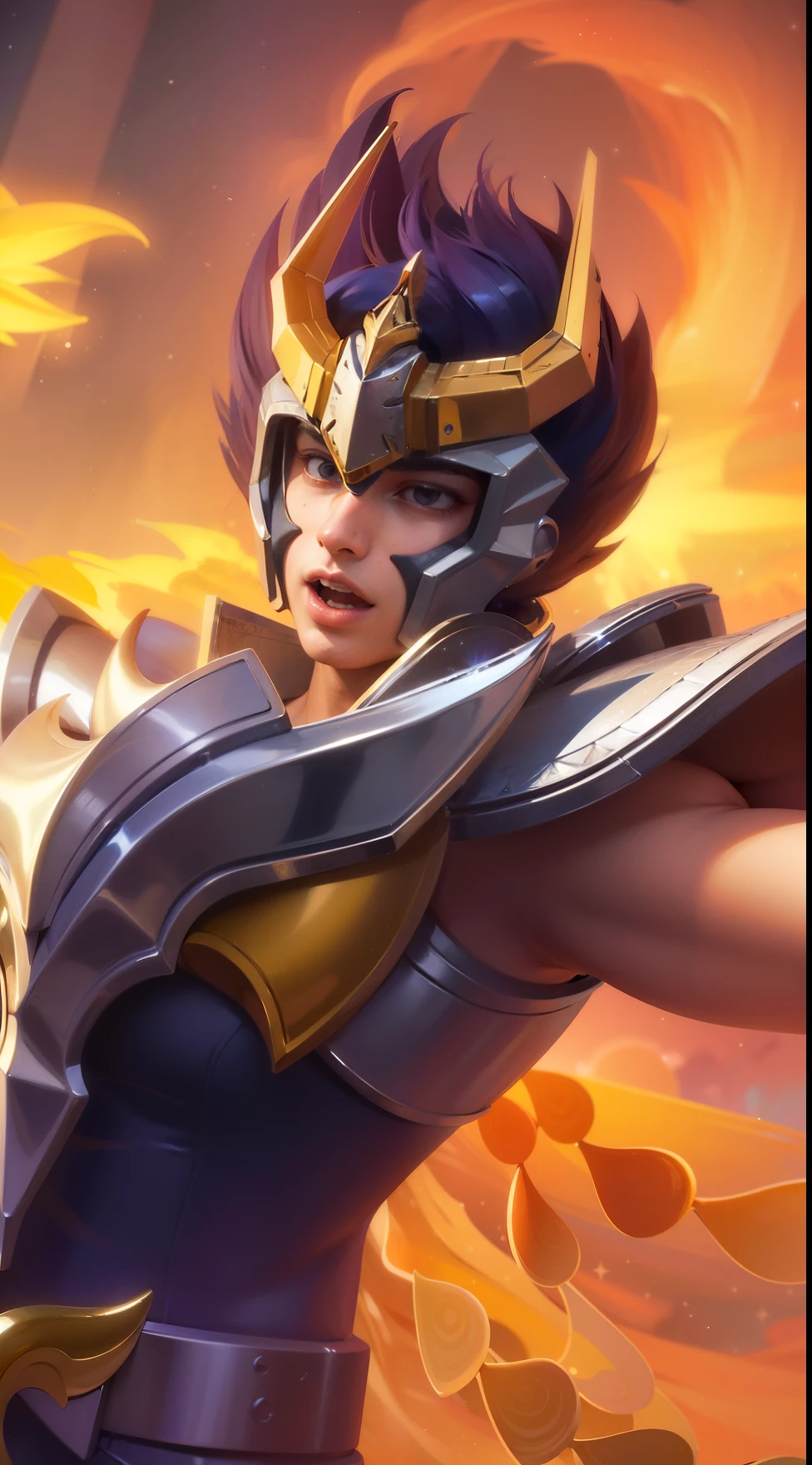 masculine male, masterpiece, ((perfect eyeest quality, (semirealism:1.9), beautiful lighting, (extremely detailed CG unity 4k fhd wallpaper), High Detail, Sharp focus, dramatic outdoors, 1 boy ,19 years old, blue hair, light purpel eyes, smile, Ultra realistic man with brown hair wearing golden armor made of gleaming Sagittarius gold covering his entire body with long wings reaching to the knees made of gleaming gold with golden texture made of gold, Golden bow in right hand and golden arrow in left hand, com raios dourados no do corpo todo, Durante a noite, inspiration from the Japanese anime Saint Seiya, armadura ultra detalhada e realista, ultra realista e detalhada.