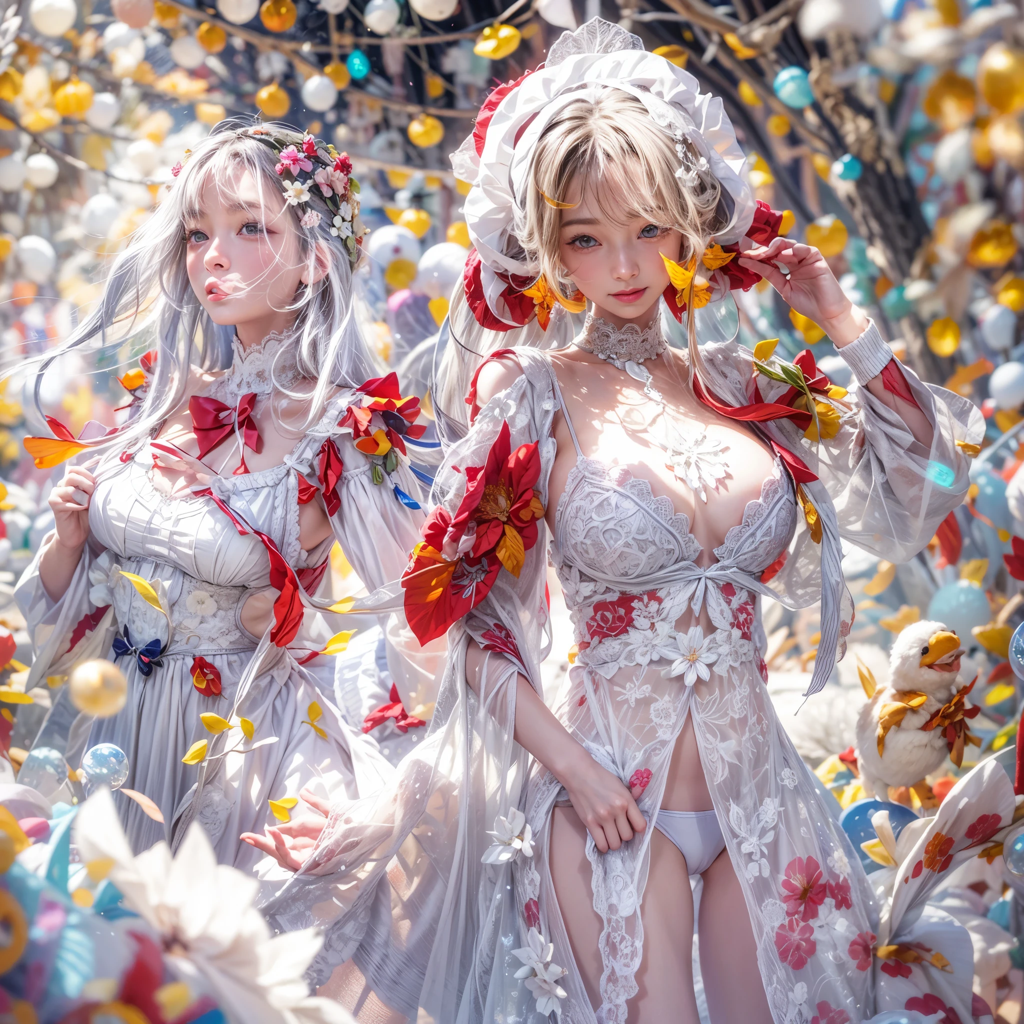 (SFW, White and Red, masterpiece:1.2, Exposed:1.2), (nipple:-0.9), (Acutance:0.8), (many sexy junior idols in group photograph), ((Extremely Detailed KAWAII face variations, joyful expression variations)), { Navel | pretty Ass | Overflowing sideboob | (Delicate lace knitted white wear) | full of Flowers covering girl's body | (Colorful Light shines from Dazzling and delicate stained glass:1.2) }. ( ultra-detailed, realistic, (photorealistic:1.37) with a touch of rawness). { under the mesmerizing back lighting | concept art | enhancing the overall visual impact }. (not Detailed fingers:-0.9) .