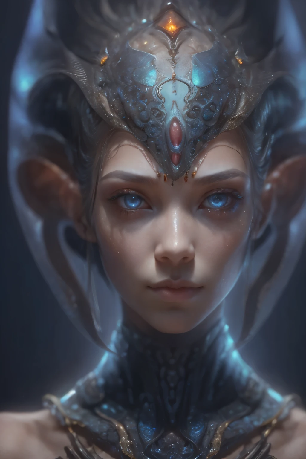 Portrait, (beautiful female alien:1.2), (There is a female genital-like organ in the middle of the forehead.:1.8), (The most beautiful face in the history of the universe:1.2), (eyes without pupils:1.6), (Super detailed skin quality feeling:1.4), Perfect Anatomy, (Beautiful toned body:1.5), (Moist skin:1.2), extraterrestrial, cell, bio image, Best Quality, 8K,4K_quality, High Definition, Dramatic Lighting, masutepiece:1.5,cinematic quality, detail up, (Intricate details:1.2), High resolution,
