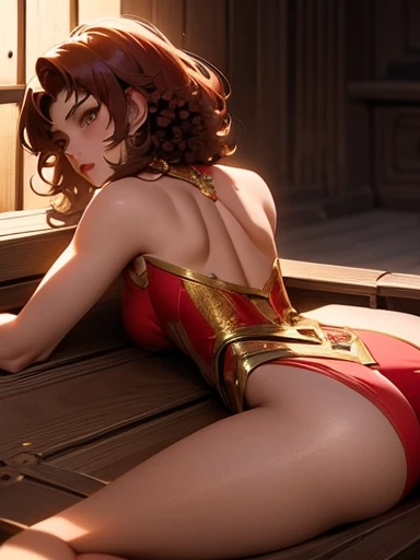 Saint Seiya,1girl in, red short hair,Spiral perm,all-fours ,top down bottom up, Look back, High quality, Leotard-like armor